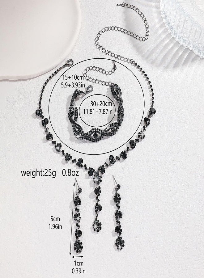 IS4U 3PCS Bridal Wedding Earrings Necklace Bracelet Set Sparkling Rhinestone Crystals Necklace Dangle Earrings Bracelet Set Wedding Prom Banquet Party Ball Costume Jewelry Set for Women (Black) - Image 5